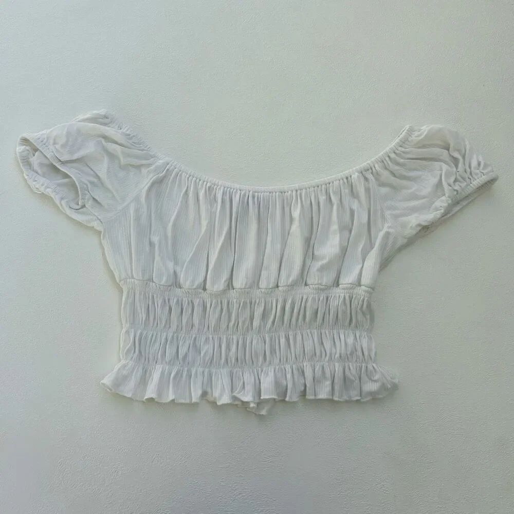 HYFVE White Smocked Crop Top Women’s M Off Shoulder Ruffle Hem Peasant Style